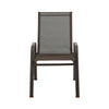 An outdoor dining chair in brown colour made of metal and plastic, stackable design with anti-slip feet, and set on a white background.