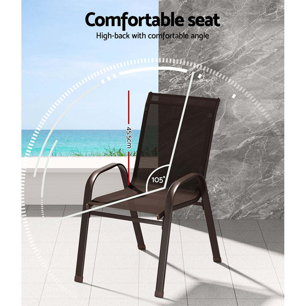 An outdoor dining chair in brown made of metal and plastic, stackable with anti-slip feet, showing the high back seat with a comfortable angle for sitting, and set on a tiled balcony with a marble wall and an ocean view in the background.