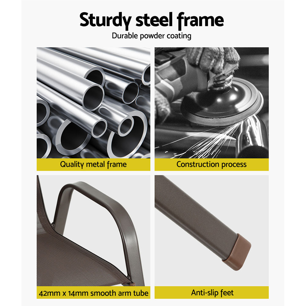 4-way split image showing close-up images of a chair's sturdy steel frame - quality metal frame, construction process, smooth arm tube and anti-slip feet. All on white backgrounds.