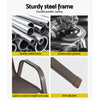 4-way split image showing close-up images of a chair's sturdy steel frame - quality metal frame, construction process, smooth arm tube and anti-slip feet. All on white backgrounds.