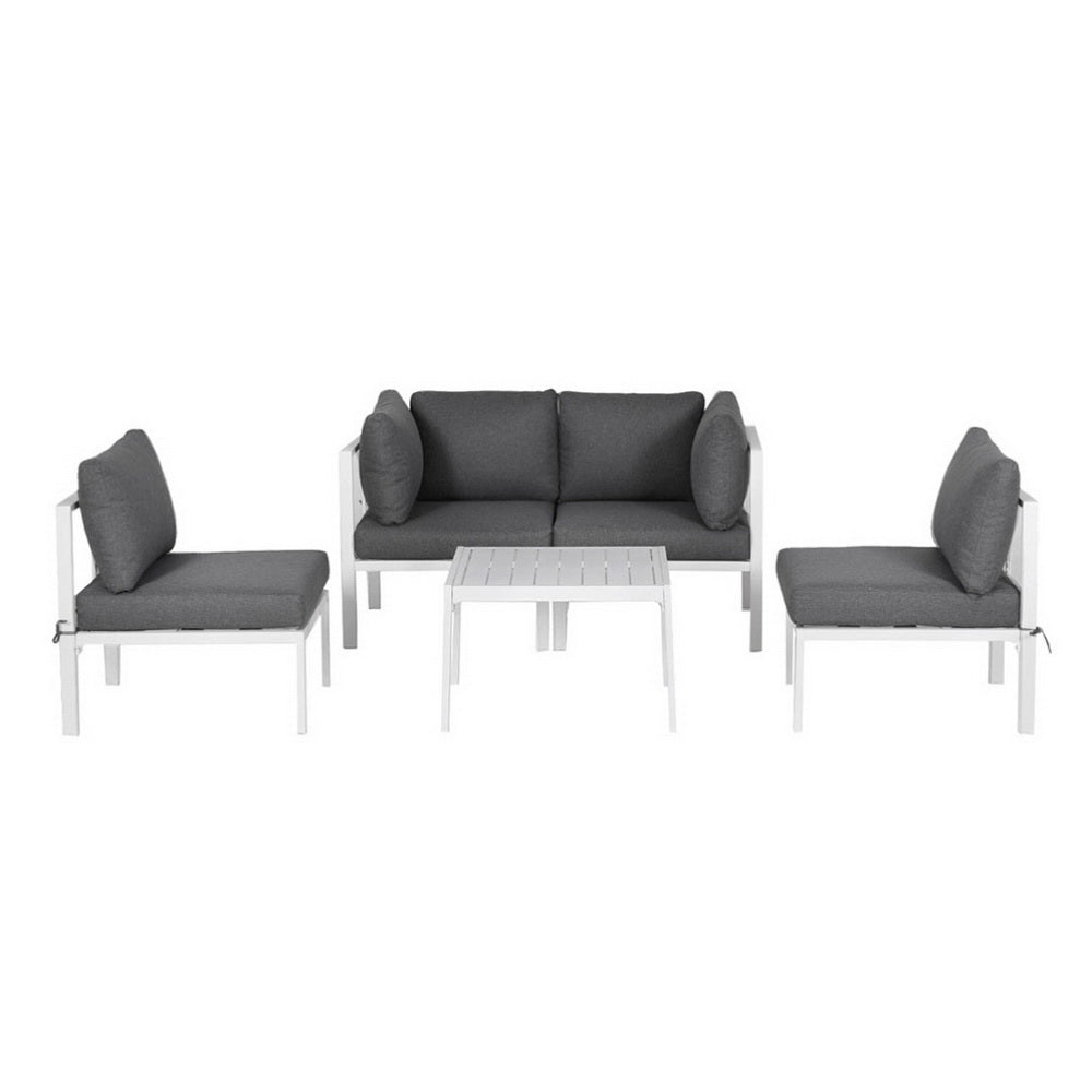 Outdoor furniture set with gray cushions on a white background