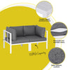 Gray outdoor sofa with white frame on a yellow background, featuring powder-coated aluminum frame, removable and washable covers, and water-resistant cushions.