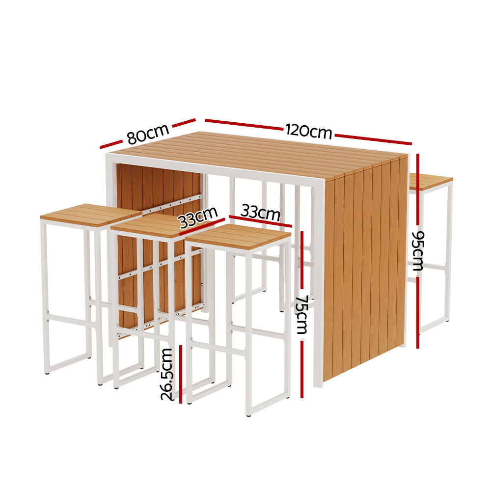 A 7-piece outdoor bar set with a rectangular table and six bar stools with a brown wood slat tabletop and white steel frames, showing its measurements and all set on a white background.