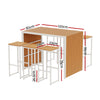 A 7-piece outdoor bar set with a rectangular table and six bar stools with a brown wood slat tabletop and white steel frames, showing its measurements and all set on a white background.