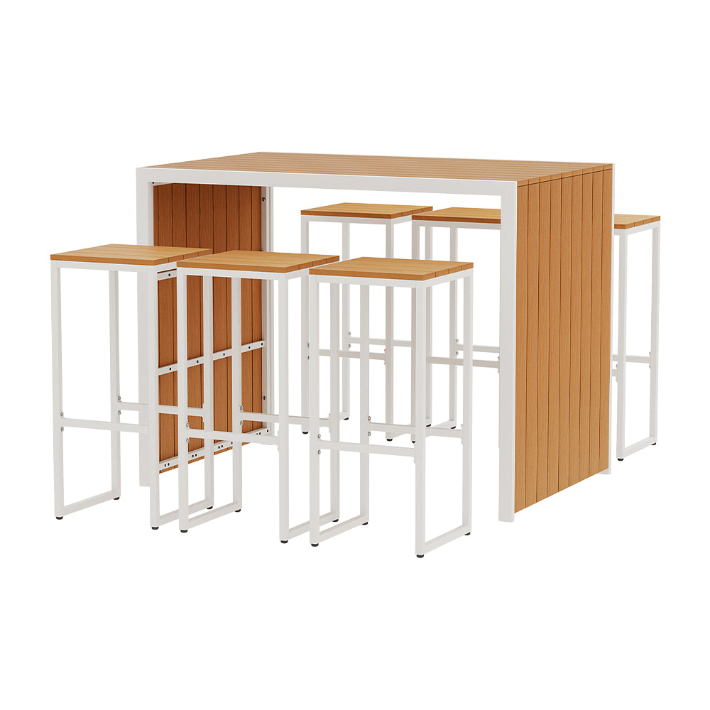 Seven-piece bar set with a rectangular table and six bar stools with a wooden slat tabletop and white steel frames, on a white background.
