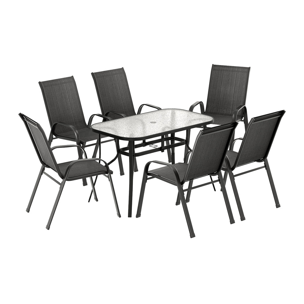Outdoor dining set with a table and six chairs on a white background