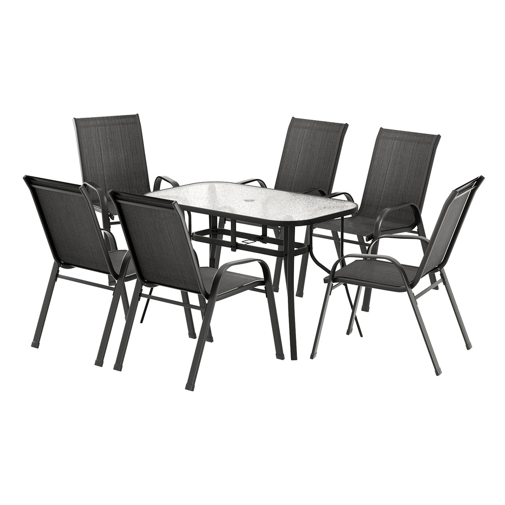 Outdoor dining set with a round table and six chairs on a white background