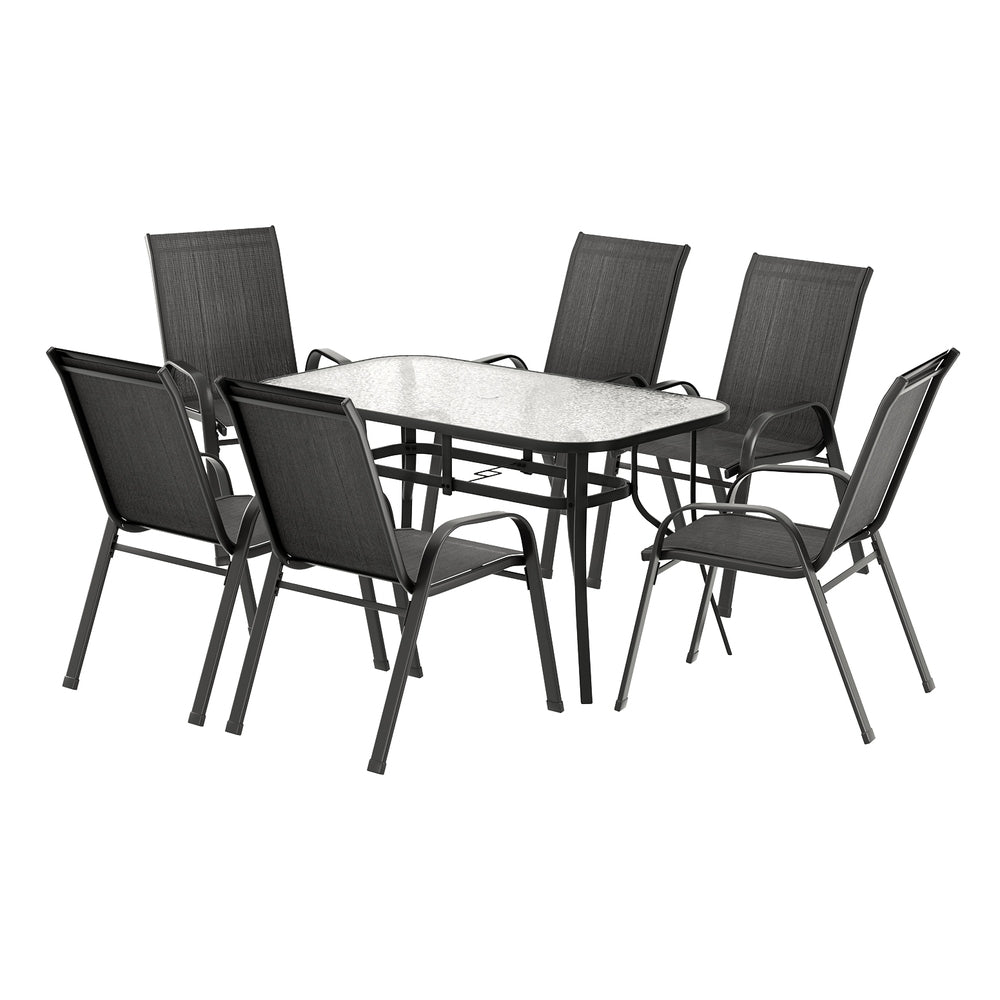 Outdoor dining set with a square table and six chairs on a white background