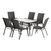 Outdoor dining set with a square table and six chairs on a white background