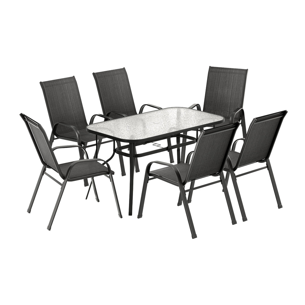 Outdoor dining set with a table and six chairs on a white background