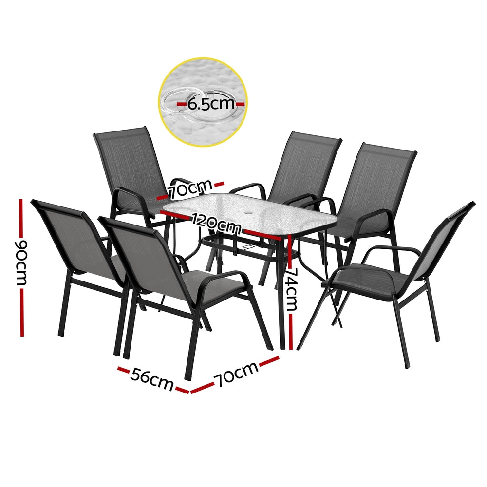 Outdoor furniture set with table and chairs, including dimensions on a white background