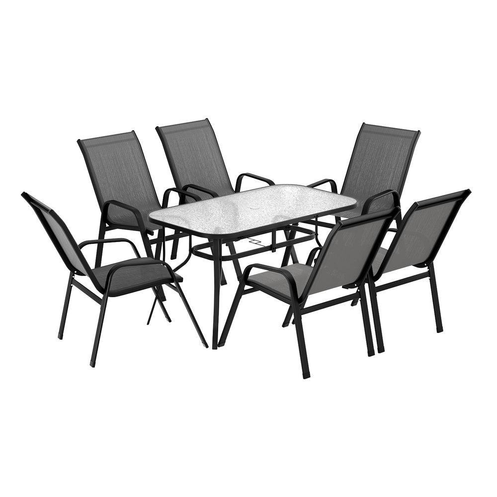 Outdoor furniture set with a table and six chairs on a white background