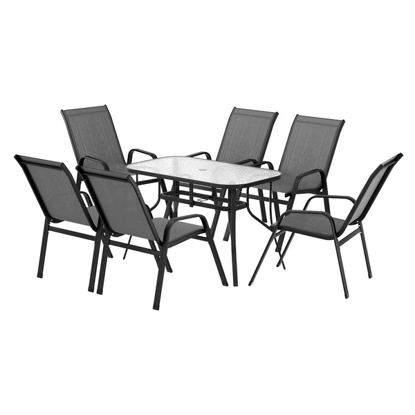 Outdoor furniture set with a round table and six chairs on a white background