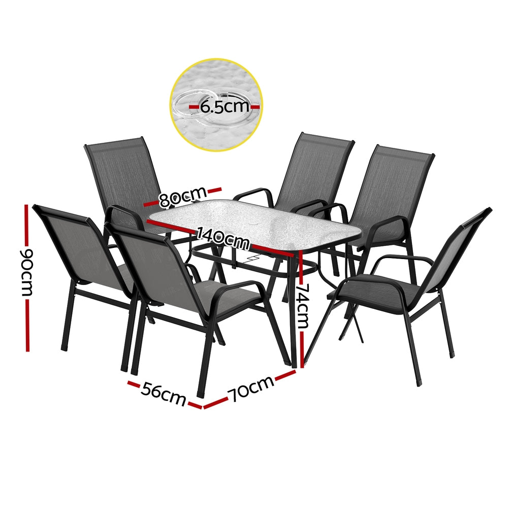 Outdoor dining set with table and chairs, featuring dimensions on a white background.