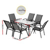Outdoor dining set with table and chairs, featuring dimensions on a white background.