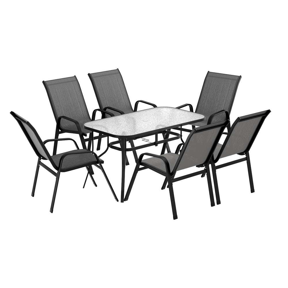 Outdoor dining set with a table and six chairs on a white background