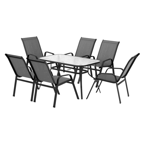 Outdoor furniture set with a round table and six chairs on a white background