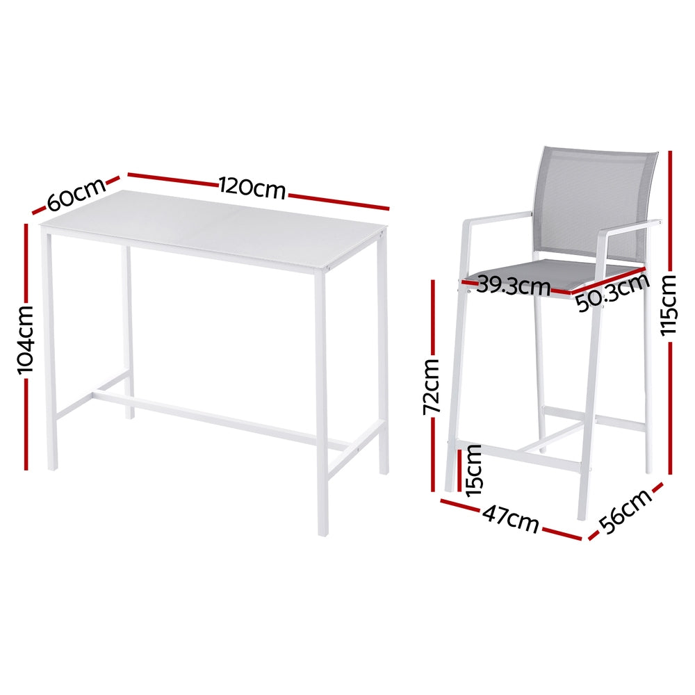 Measurement chart of a table and chair set with dimensions labeled.