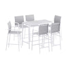 White dining table with four gray chairs on a white background