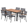 Outdoor furniture set with a wooden table and six chairs on a white background