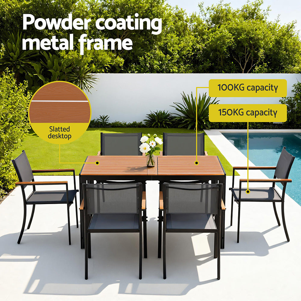 Outdoor dining set with powder-coated metal frame and slatted desktop, set against a poolside background.