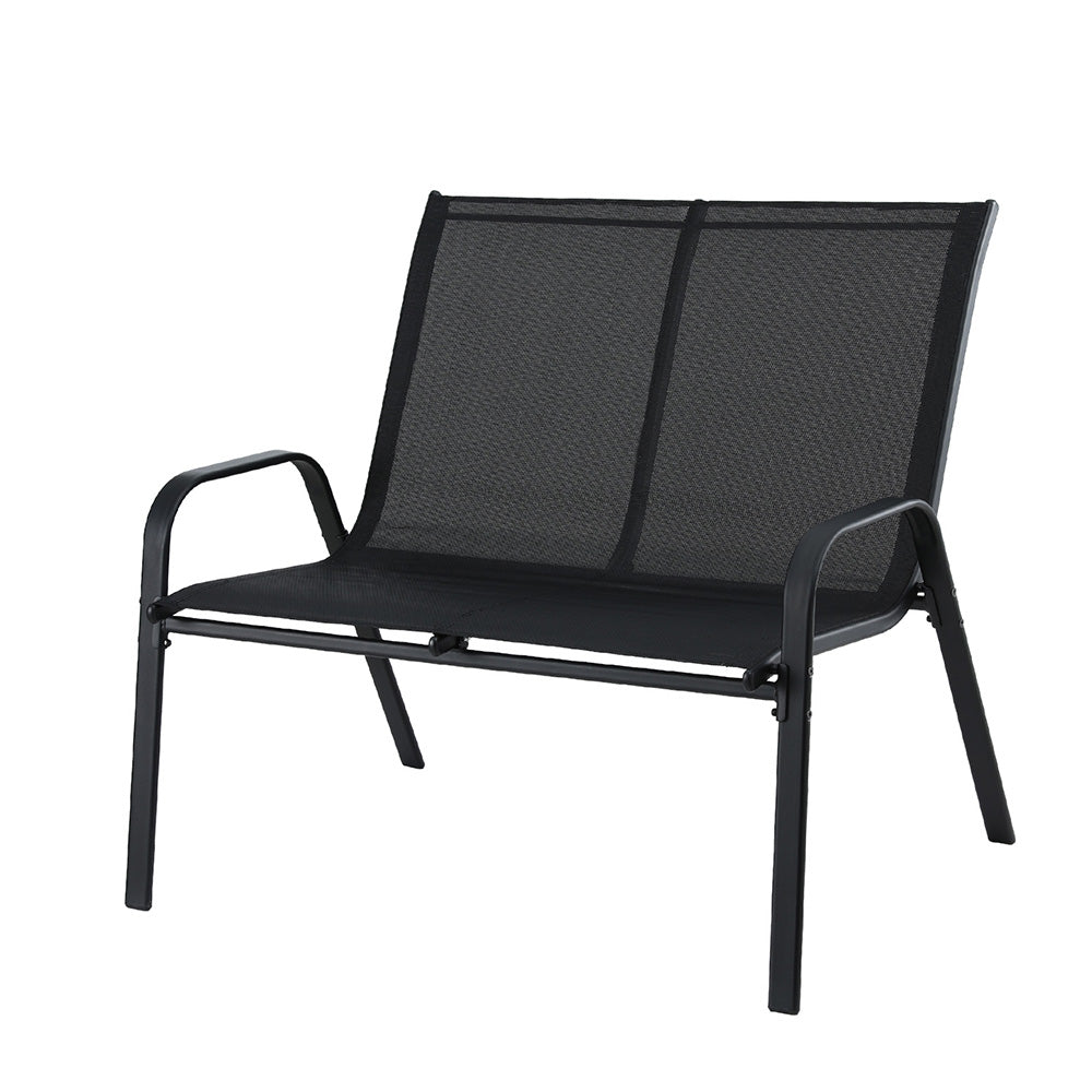 Black outdoor chair with mesh back and seat on a white background