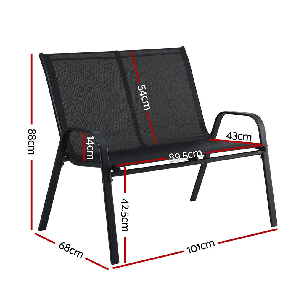 Black outdoor chair with dimensions marked on a white background