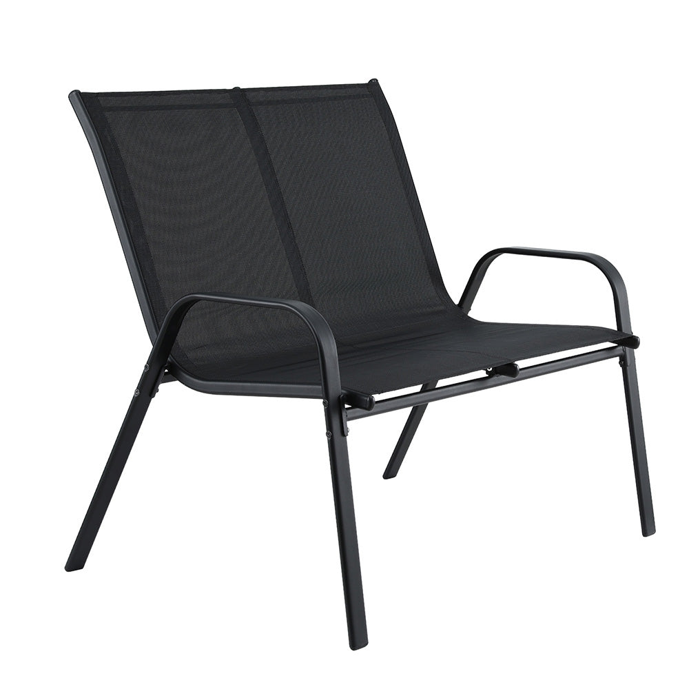 Black outdoor chair with mesh back on a white background