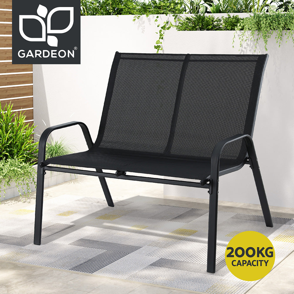 Black outdoor bench with Gardeon logo and capacity label on a patio background