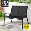 Black outdoor bench with Gardeon logo and capacity label on a patio background