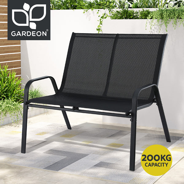 Black outdoor bench with Gardeon logo and capacity label on a patio background