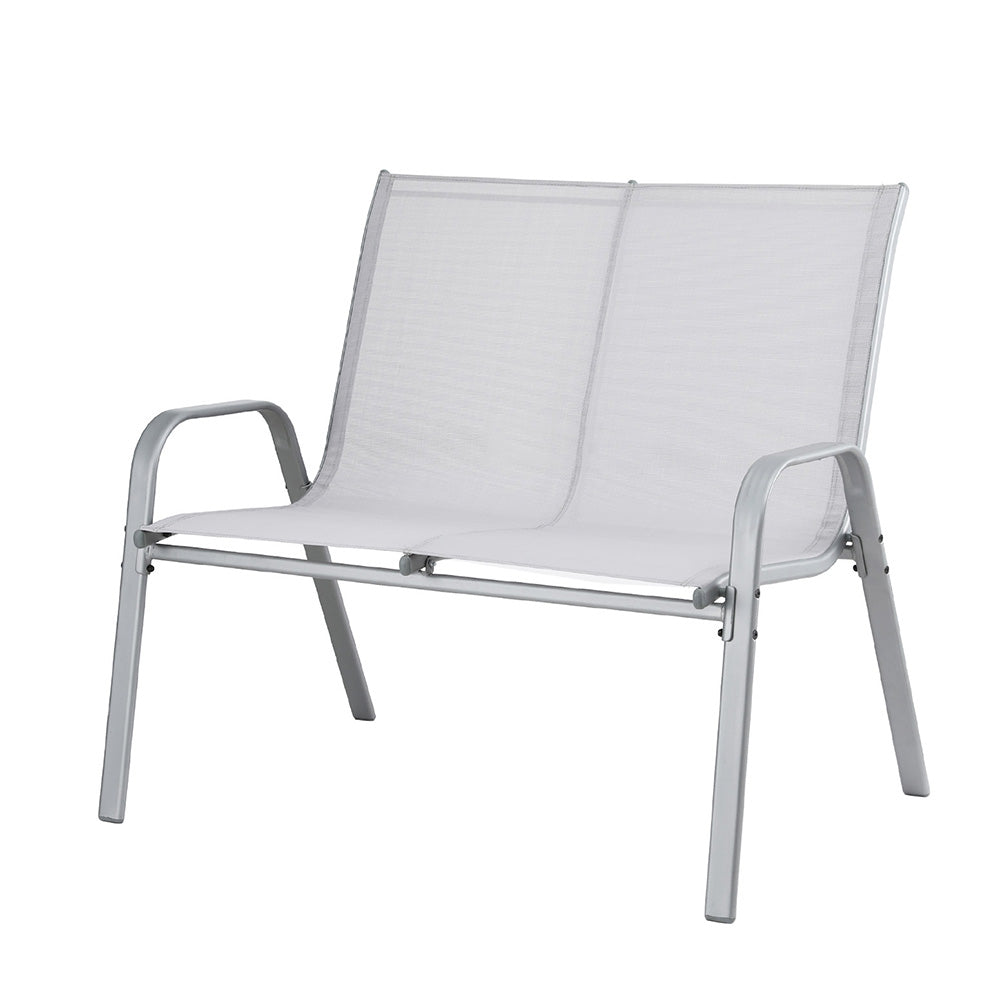 White outdoor chair with mesh back on a white background
