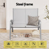 Gray outdoor bench with a cushion on a wooden floor, labeled 'Steel frame'.