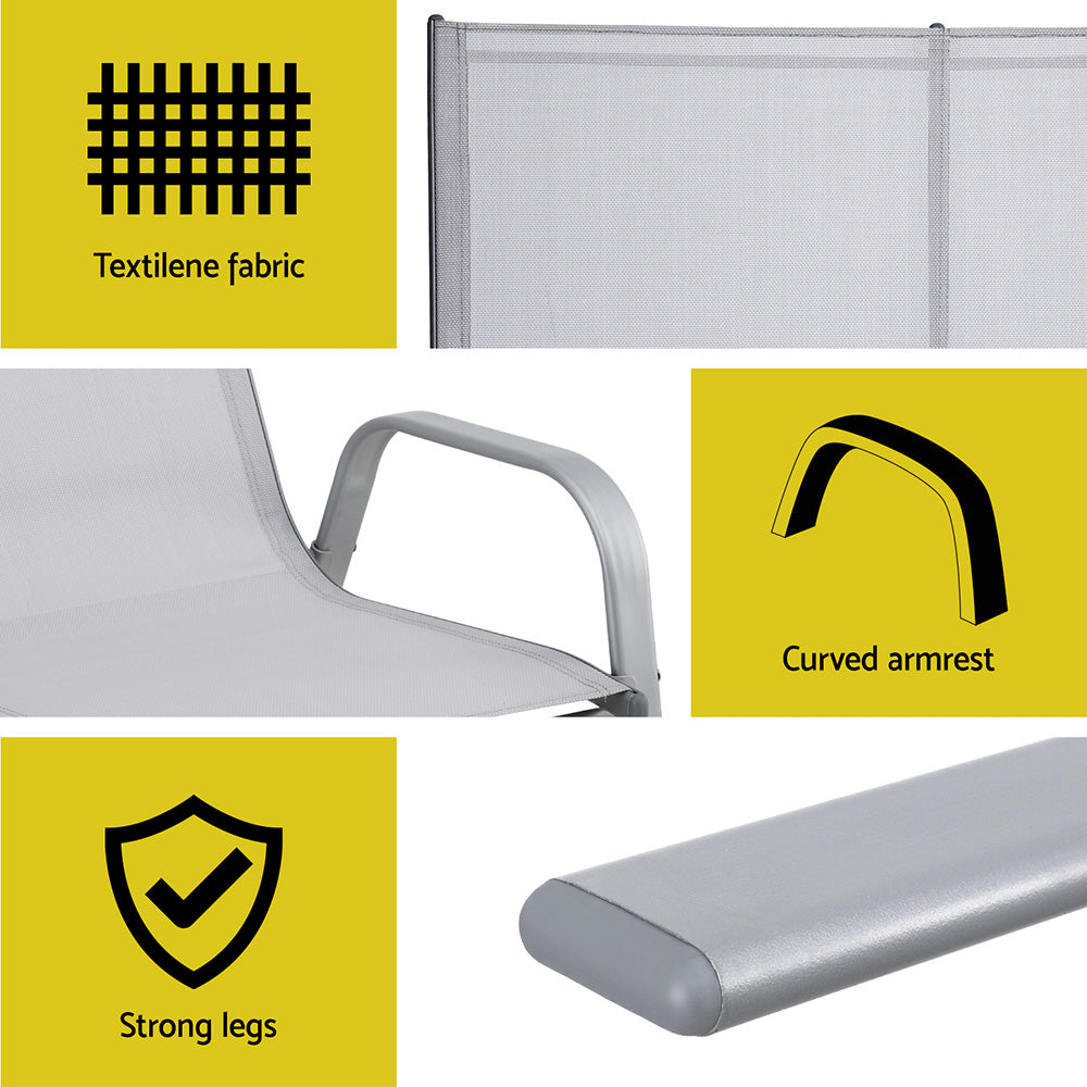 Collage of a chair with textilene fabric, curved armrest, and strong legs on a yellow background.