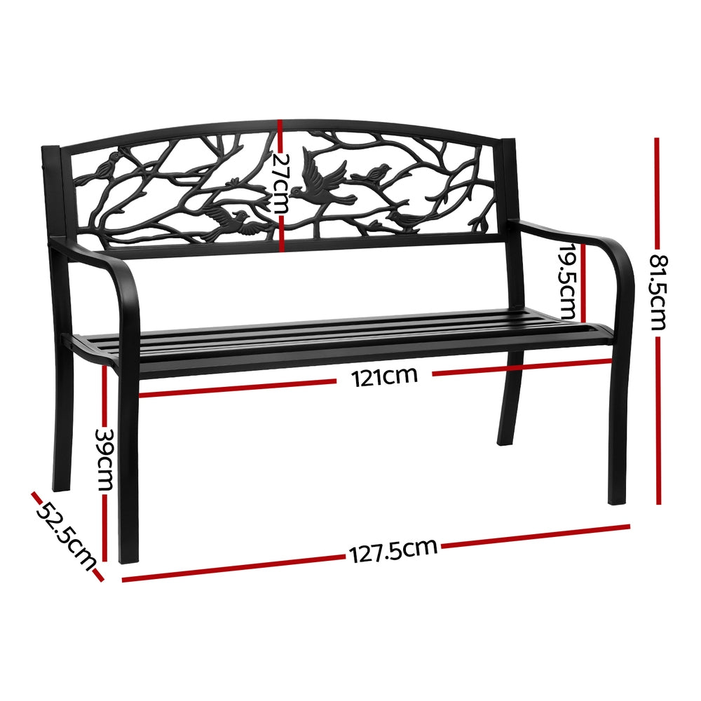 Black metal bench with decorative backrest and bird design, shown with dimensions on a white background.