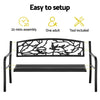 Black metal bench with decorative design, assembly instructions, and tool included on a white background.