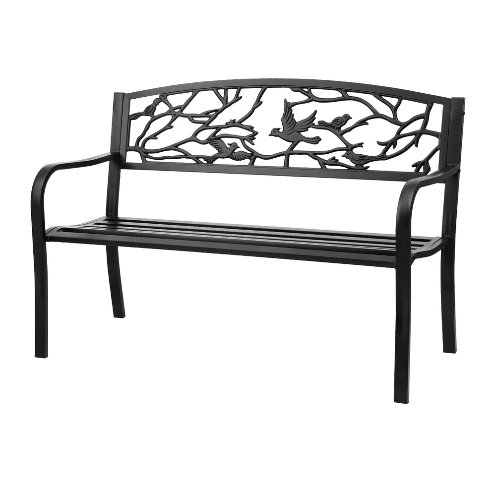 Black metal bench with bird and branch design on a white background