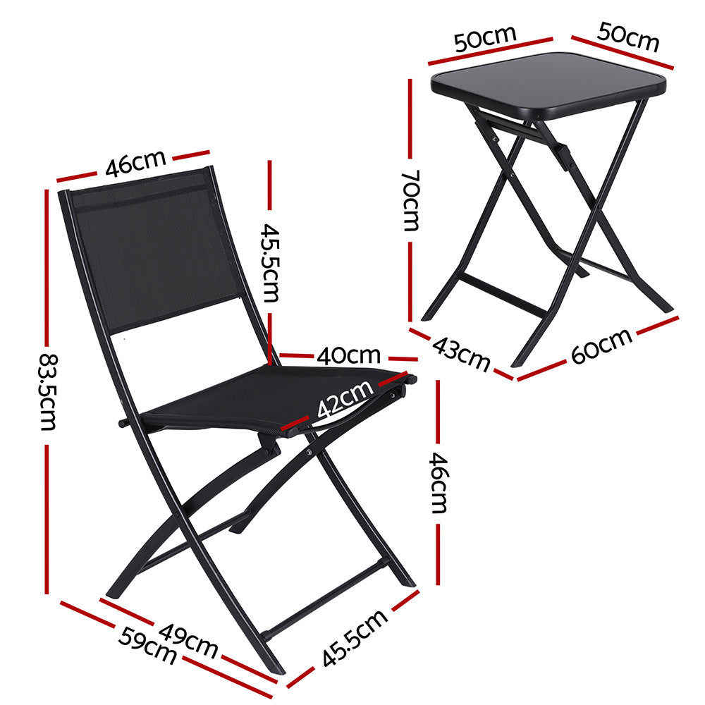 Black folding chair and stool with dimensions marked on a white background