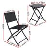 Black folding chair and stool with dimensions marked on a white background
