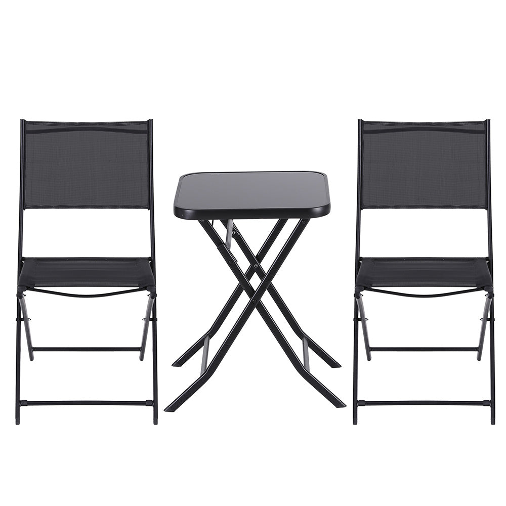 Black folding table with two matching chairs on a white background