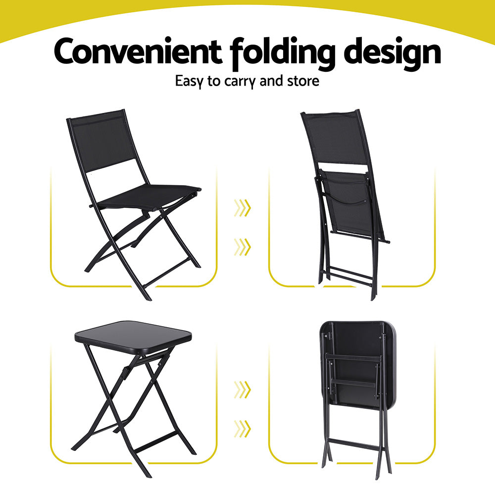 Black folding chairs shown in various stages of folding with text 'Convenient folding design' and 'Easy to carry and store'.