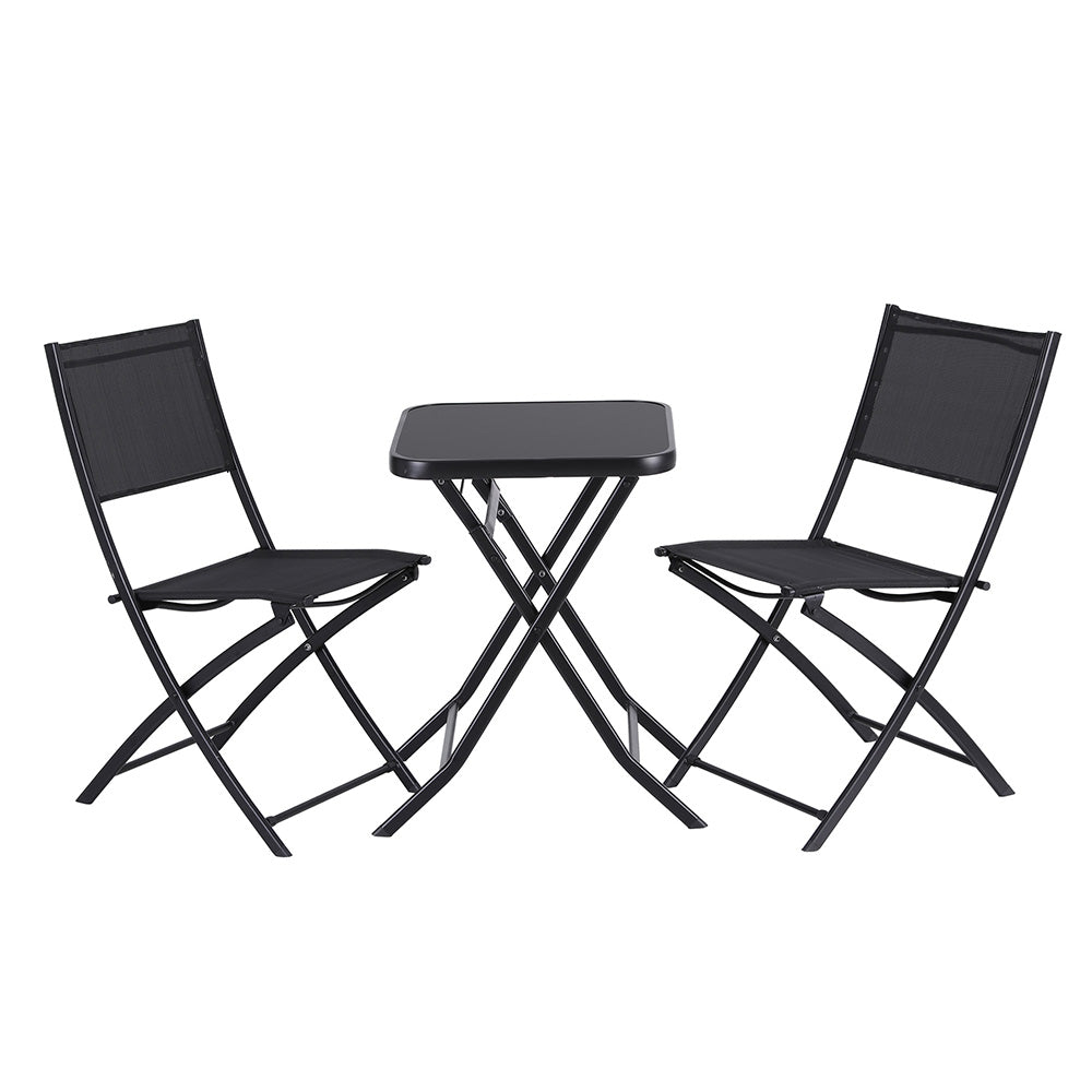 Black folding table with two chairs on a white background