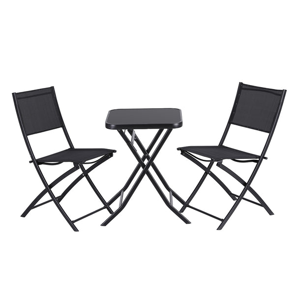 Black folding table with two chairs on a white background