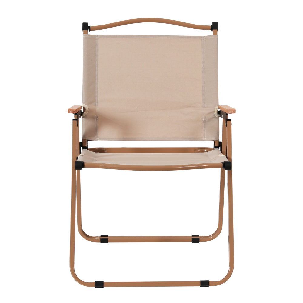 A Gardeon portable folding beach chair made of steel with a beige oxford fabric seat, featuring alloy brackets and wooden armrests, facing front ways and set on a white background.