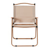 A Gardeon portable folding beach chair made of steel with a beige oxford fabric seat, featuring alloy brackets and wooden armrests, facing front ways and set on a white background.