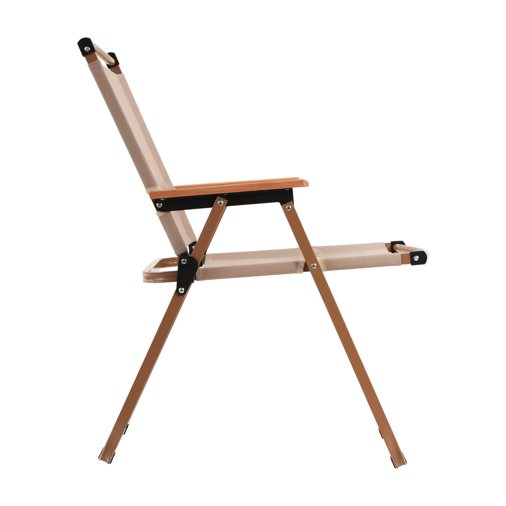 Side view of a Gardeon portable folding beach chair made of steel with a beige oxford fabric seat, on a white background.