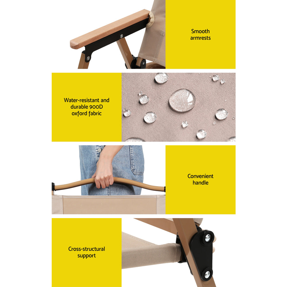 4-way split images showing close-up images and text showcasing a chair that has smooth armrests, water resistant fabric seats, a convenient carry handle and cross structural support. 