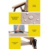 4-way split images showing close-up images and text showcasing a chair that has smooth armrests, water resistant fabric seats, a convenient carry handle and cross structural support. 