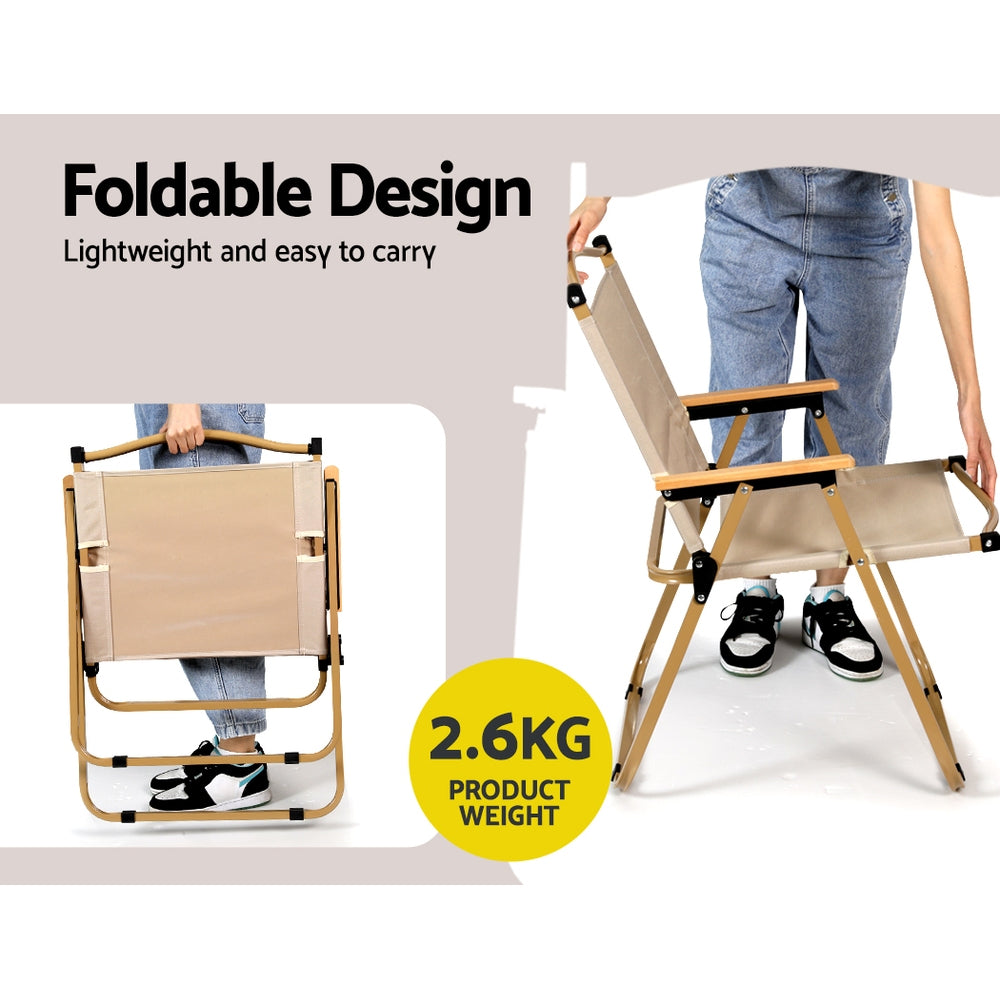 2-way split image showing the foldable design of a beach chair, one image shows it is lightweight and easy to carry with its handle and the other showing it being opened ready for sitting on, and its overall weight is 2.6kg.