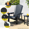 Black Adirondack chair on a wooden deck with features highlighted.